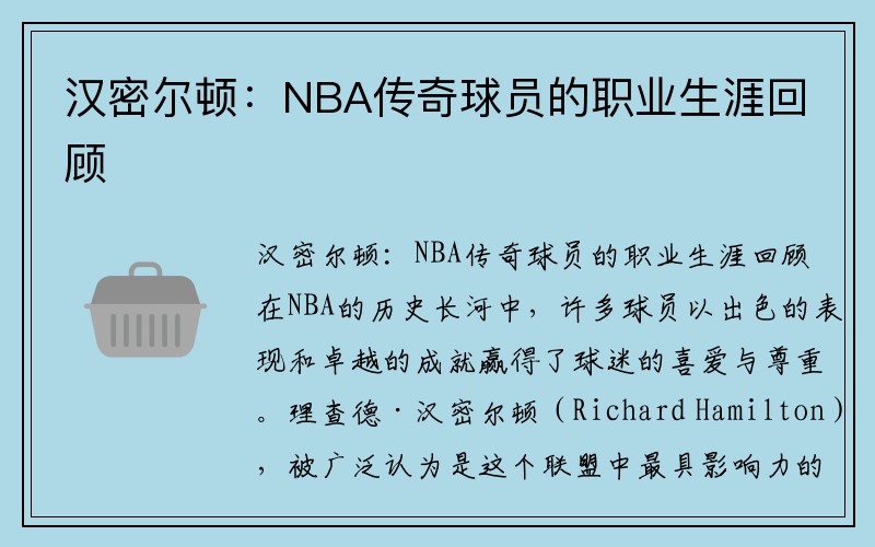 汉密尔顿：NBA传奇球员的职业生涯回顾